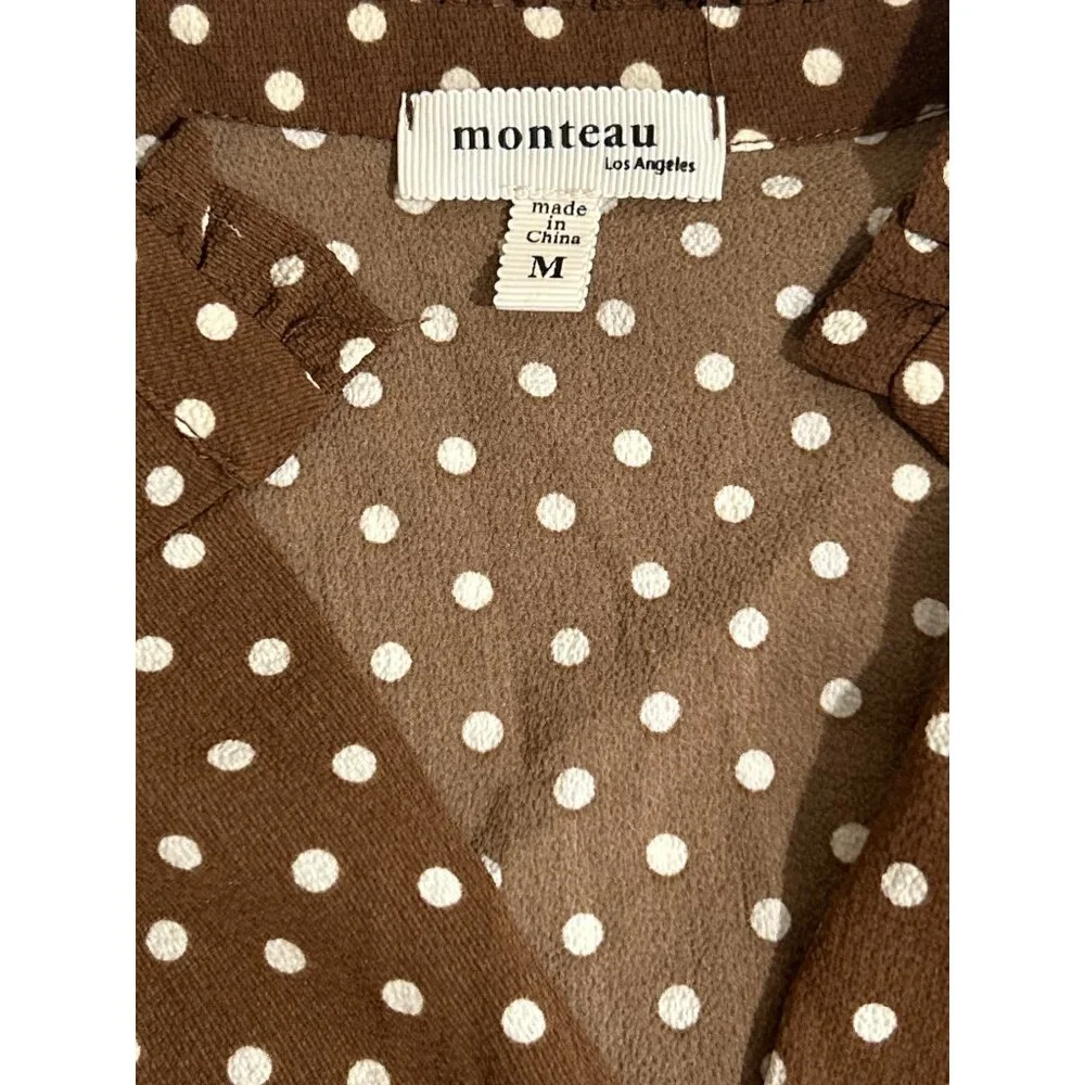 Monteau Brown Polka Dot Wrap Blouse Short Sleeve Lightweight Ruffled Collar Med - Picture 4 of 6